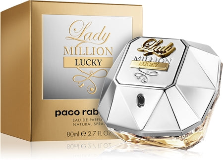 Rabanne Lady Million Lucky Eau de Parfum bottle beside its gold packaging box, on a clean white background.