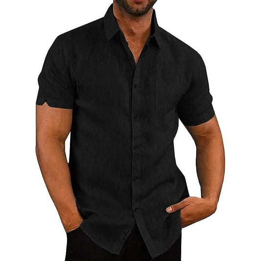 Man wearing a black short-sleeve shirt on a white background