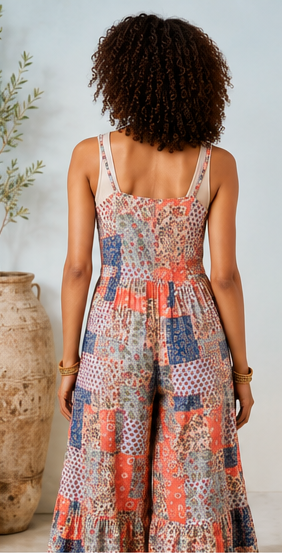 Fitkitty Culture Serenity patchwork jumpsuit, second print panel detail