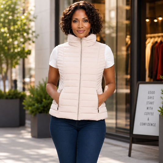 Fitkitty Culture PuffTech high collar quilted vest in Shroom