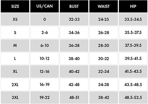 Size chart for clothing with measurements in US/Canadian sizes.