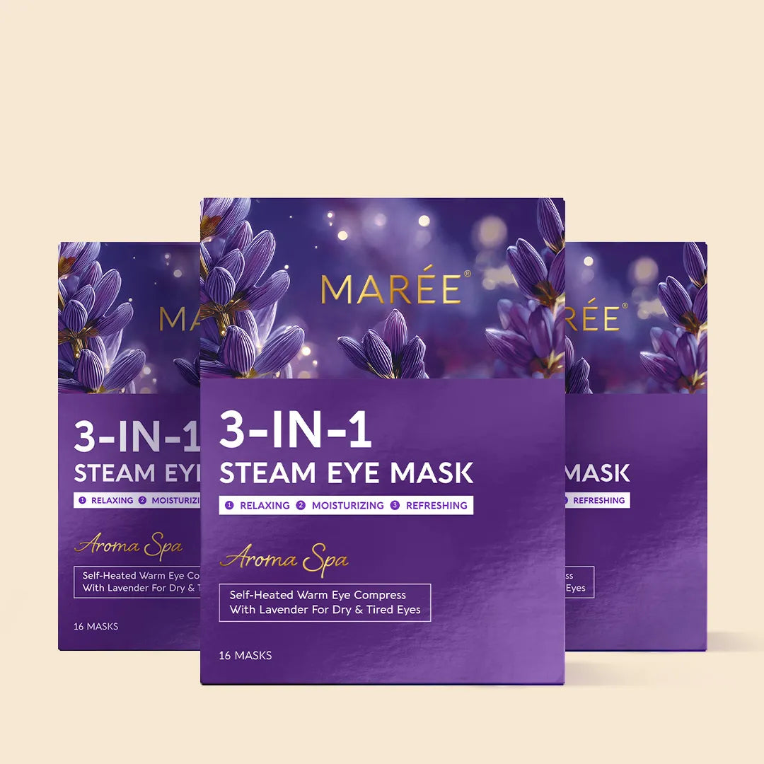 Three packages of Mareé 3-in-1 Steam Eye Mask on a beige background