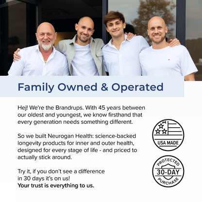 A promotional graphic for Neurogan Health featuring four men standing together under the text 'Family Owned & Operated,' with company copy and two circular badges reading 'USA Made' and 'Protected 30-Day Purchase.' The product itself is not directly shown, so this is best classified as Other rather than Lifestyle or Product/Packaging.