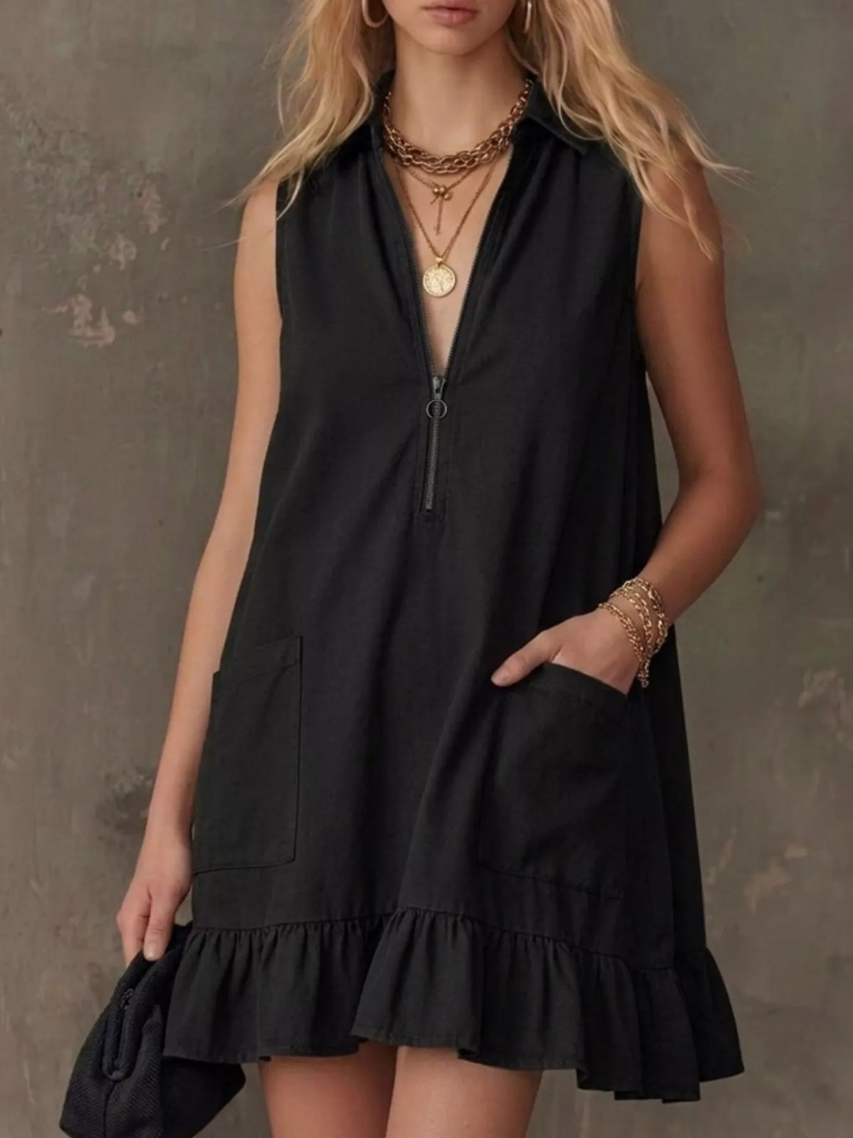 Sleeveless Collared Zip-Front Ruffle Hem Dress, product photo (2)