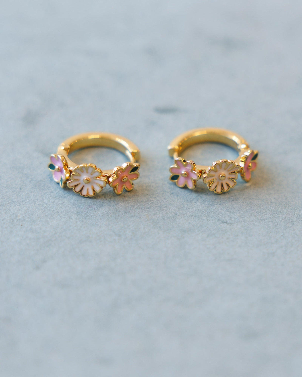 Downeast Summer Blooms Huggie Hoops, gold with enamel flowers, product photo