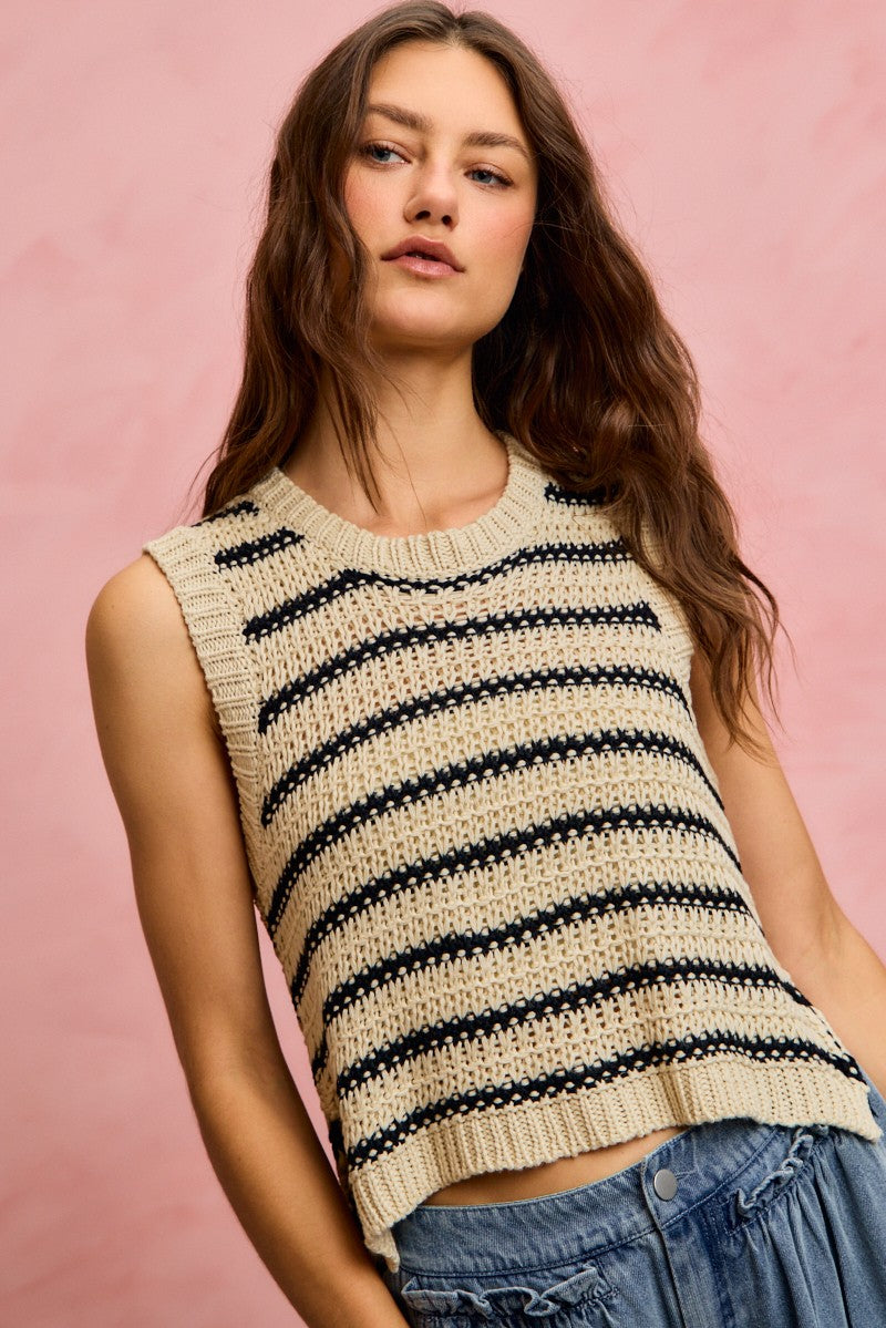 SO ME low gauge textured stripe sleeveless sweater top in Oatmeal/Black, product photo (2)