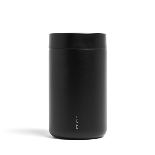 Reserve Vacuum-Seal Coffee Canister in black with Created Co. branding, against a white background