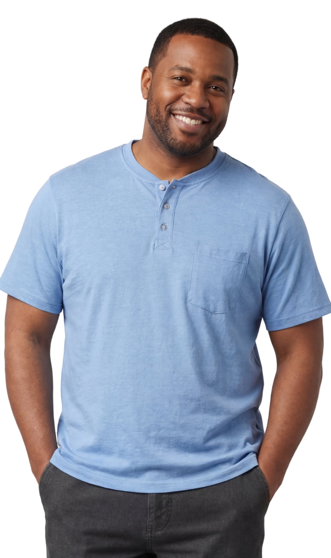 Turtle Bay men's short sleeve henley t-shirt in Blue Heather, front view