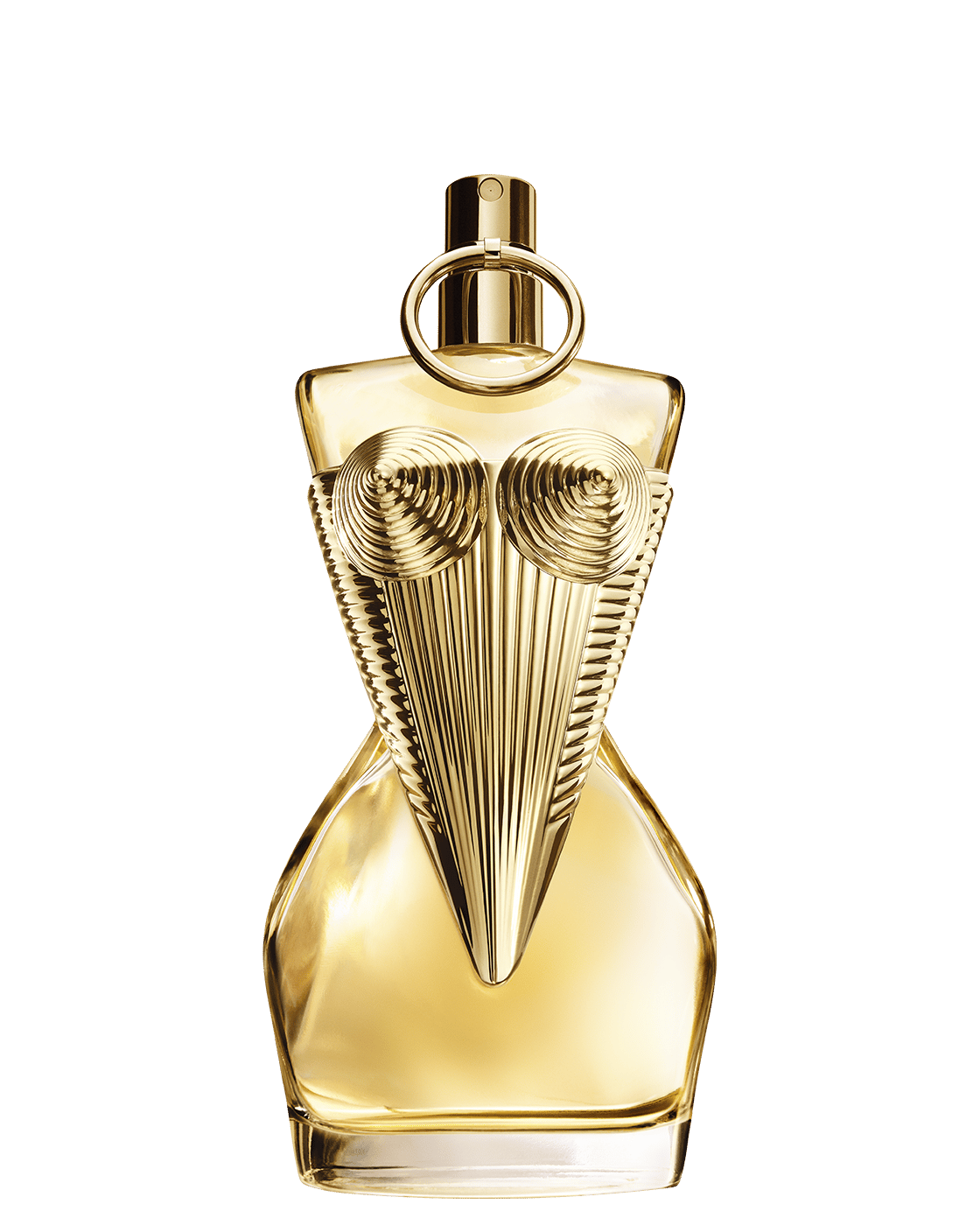 A gold-toned perfume bottle shaped like a stylized female torso with a ring handle and ribbed bust details, shown against a solid dark green background.