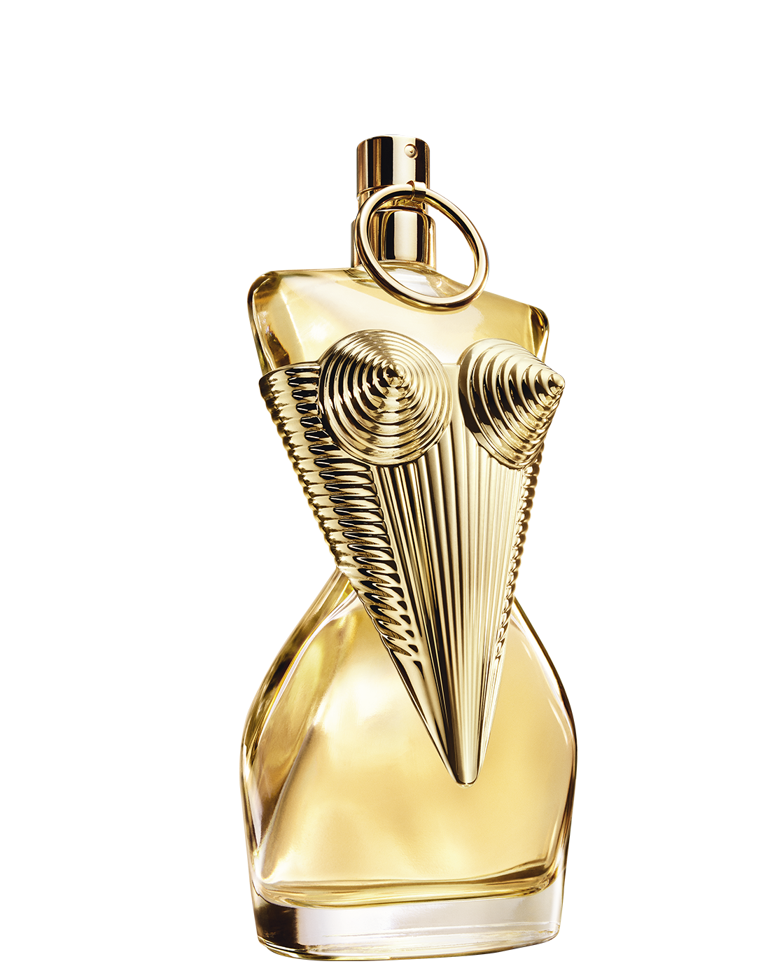Gold perfume bottle with intricate design on a white background