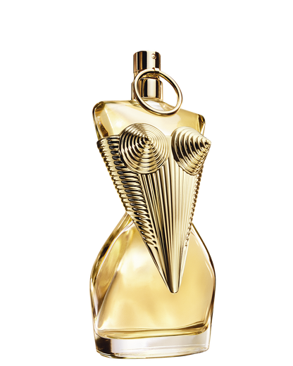 Gold perfume bottle with intricate design on a white background