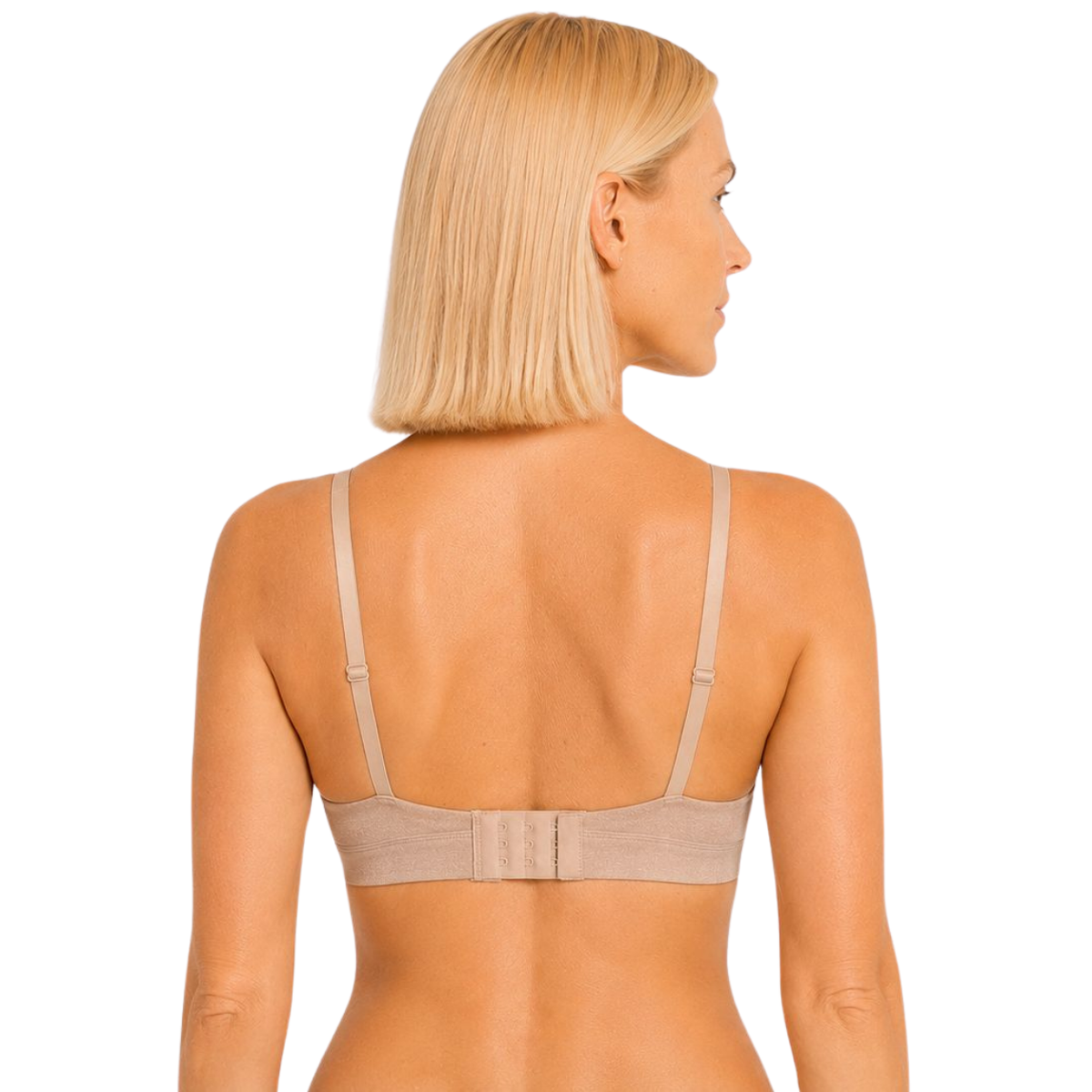 Woman wearing a beige bra on a white background