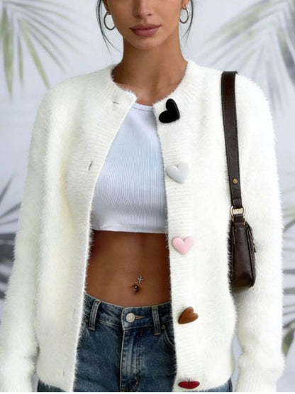 Full Size Heart Button Long Sleeve Cardigan Plus Size