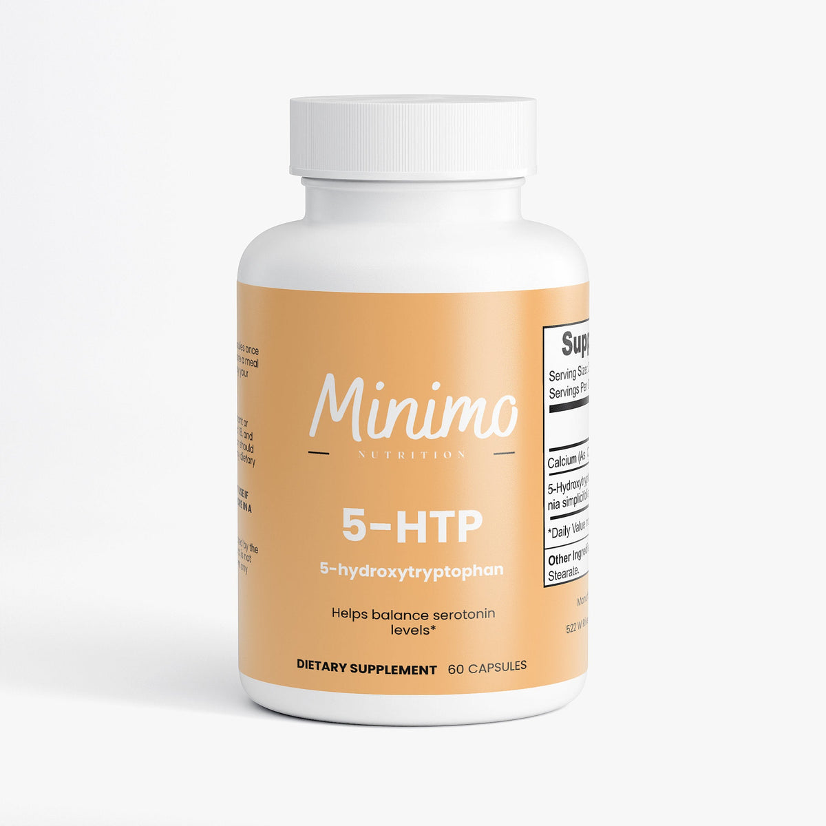 Minimo Nutrition 5-HTP 60 count bottle, front label view