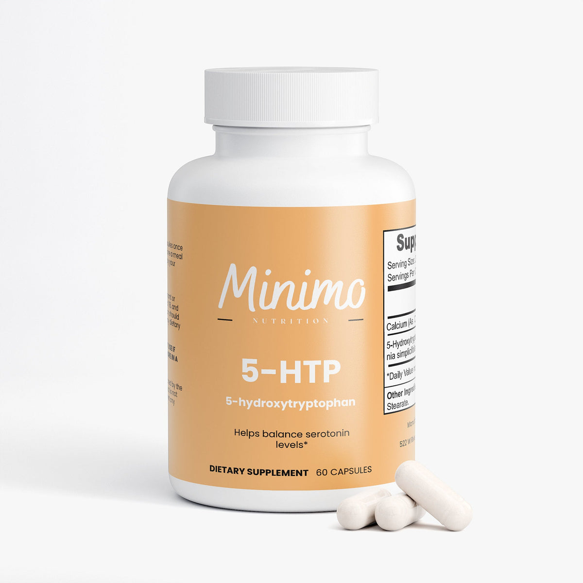 Minimo Nutrition 5-HTP 60 count bottle, label view two