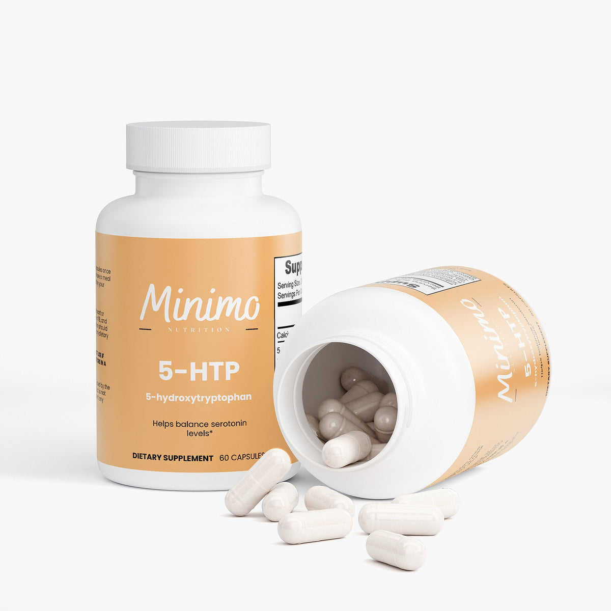 Minimo Nutrition 5-HTP 60 count bottle, label view three