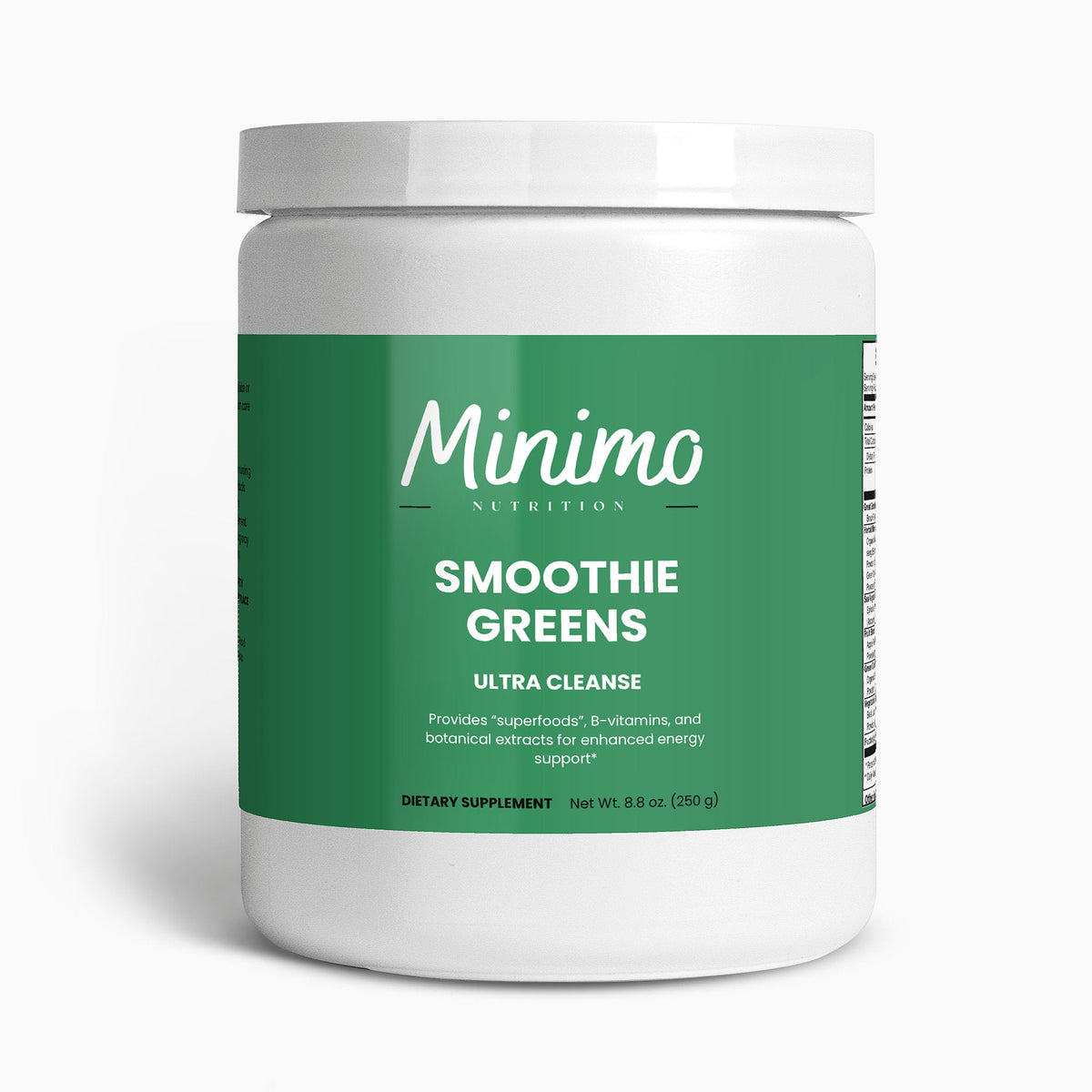 Minimo Nutrition Ultra Cleanse Smoothie Greens 8.8 oz tub, front label view