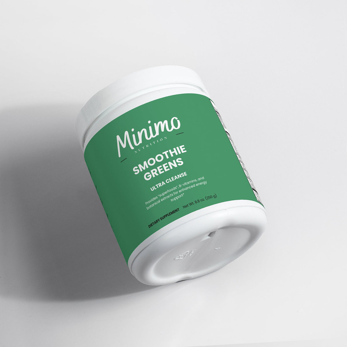 Minimo Nutrition Ultra Cleanse Smoothie Greens 8.8 oz tub, label view two