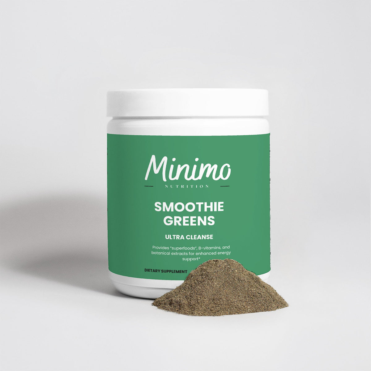 Minimo Nutrition Ultra Cleanse Smoothie Greens 8.8 oz tub, label view three