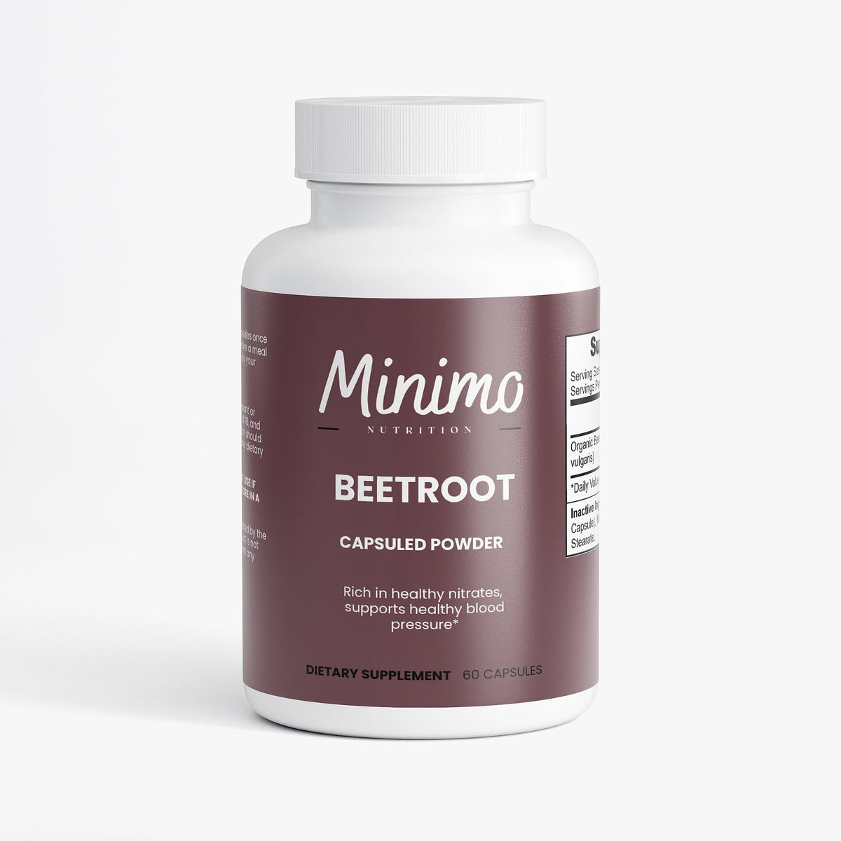 Minimo Nutrition Organic Beetroot Capsuled Powder 60 count bottle, front label view