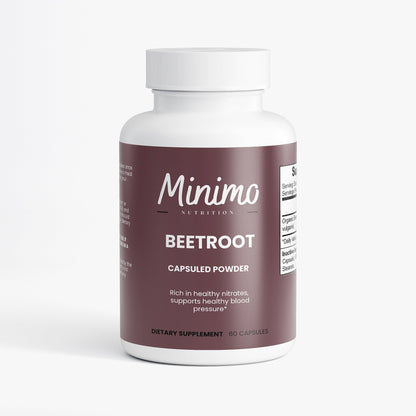 Minimo Nutrition Organic Beetroot Capsuled Powder 60 count bottle, front label view