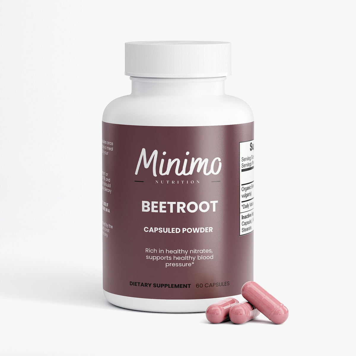 Minimo Nutrition Organic Beetroot Capsuled Powder 60 count bottle, label view two