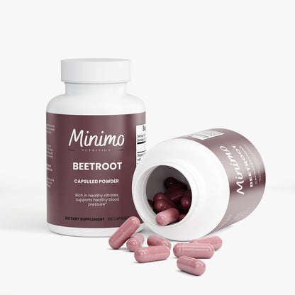 Minimo Nutrition Organic Beetroot Capsuled Powder 60 count bottle, label view three
