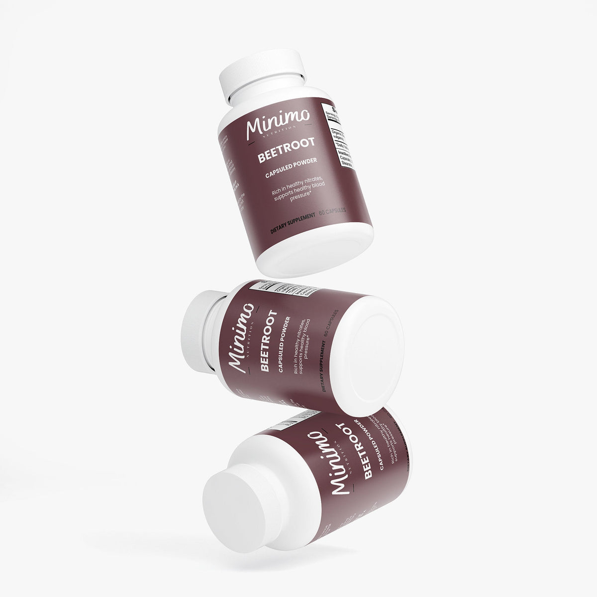 Minimo Nutrition Organic Beetroot Capsuled Powder 60 count bottle, label view four