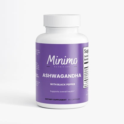 Minimo Nutrition Organic Ashwagandha with Black Pepper 60 count bottle, front label view