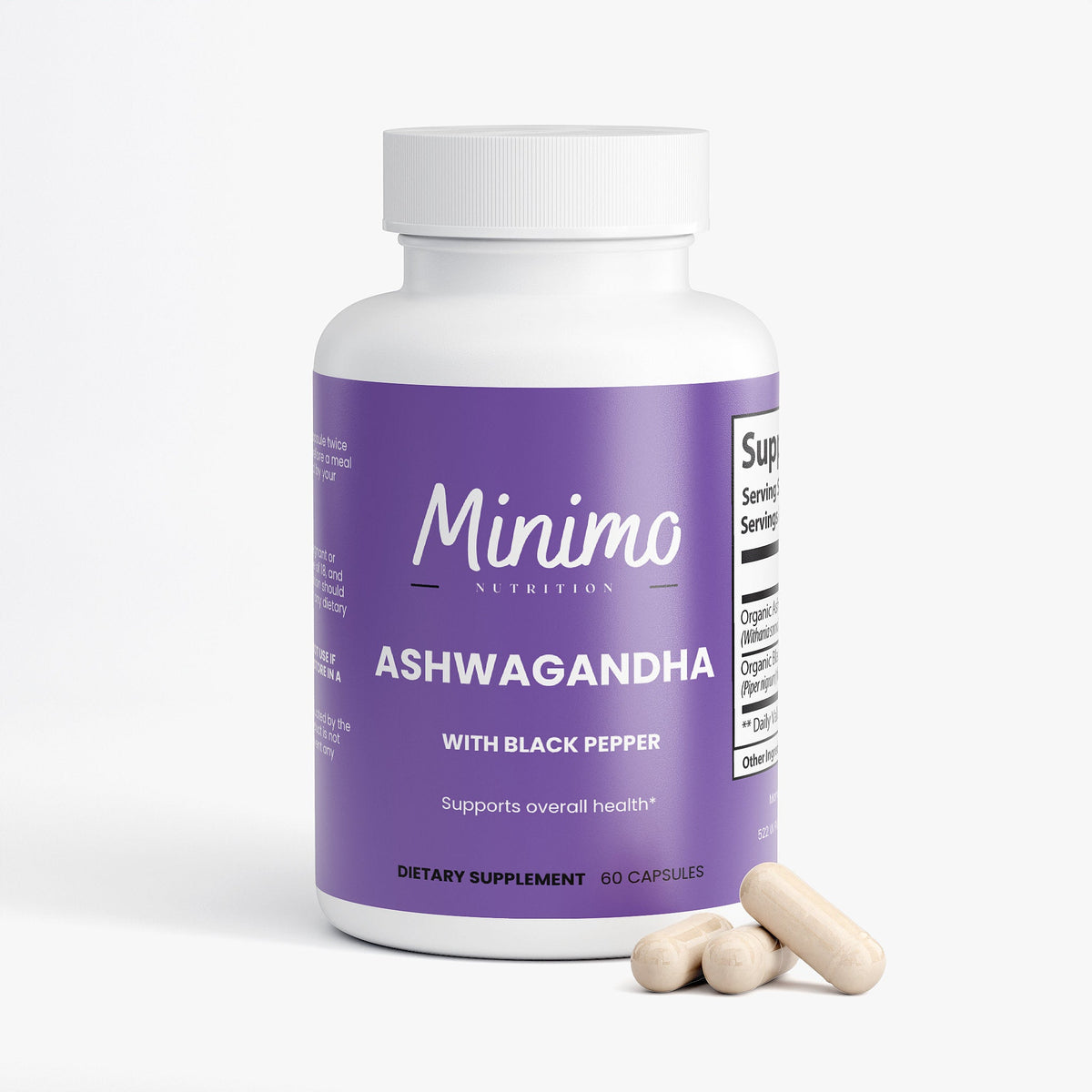 Minimo Nutrition Organic Ashwagandha with Black Pepper 60 count bottle, label view two