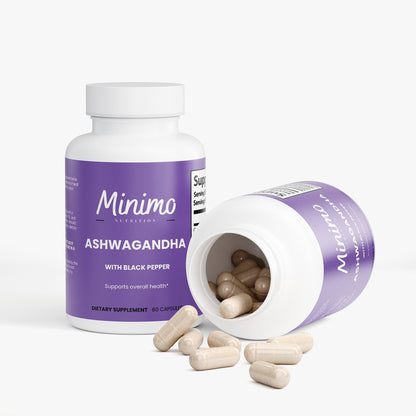 Minimo Nutrition Organic Ashwagandha with Black Pepper 60 count bottle, label view three