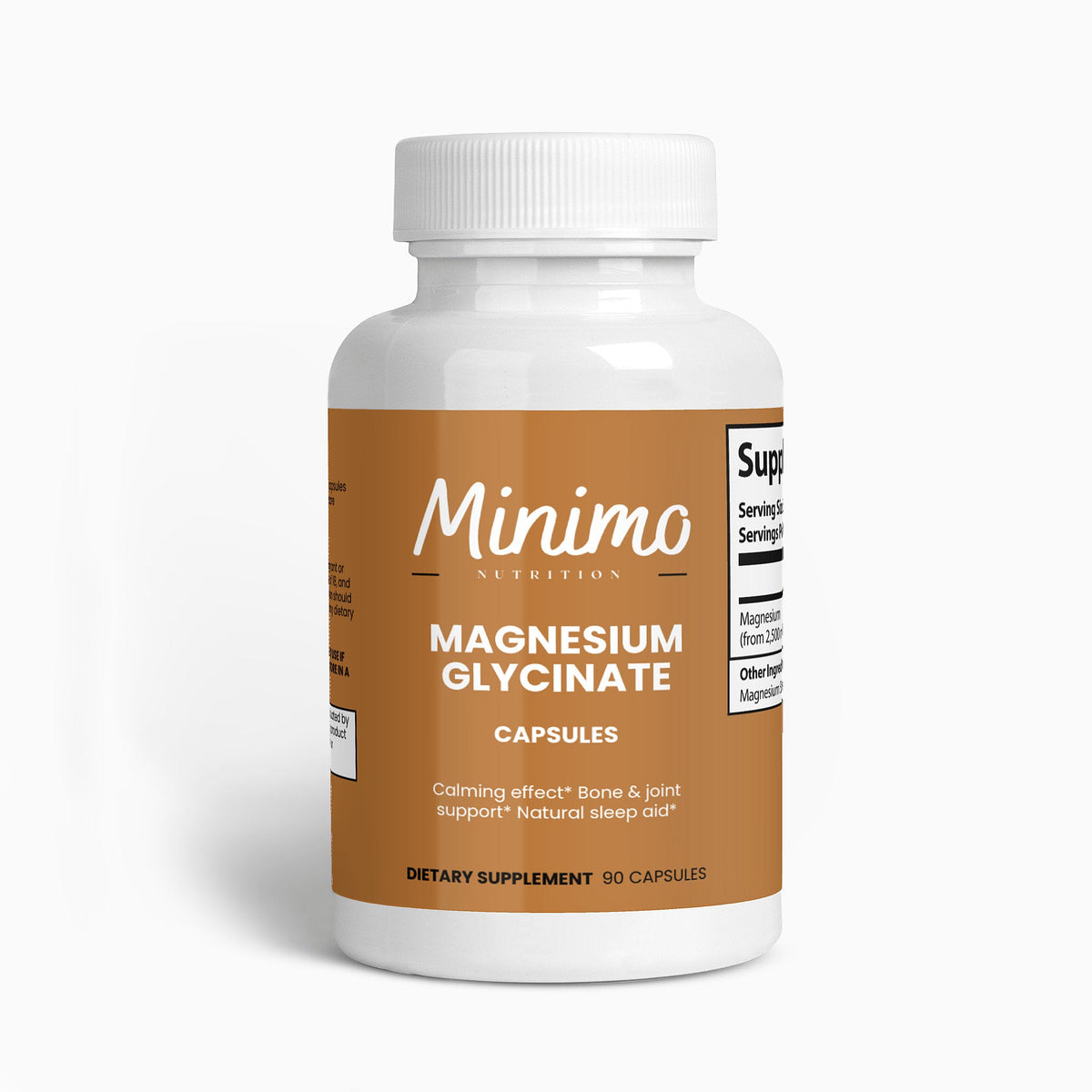 Minimo Nutrition Magnesium Glycinate 90 count bottle, front label view
