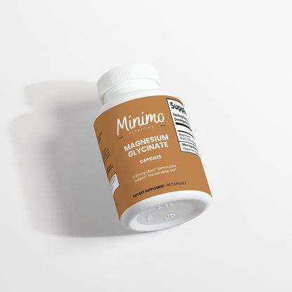 Minimo Nutrition Magnesium Glycinate 90 count bottle, label view two