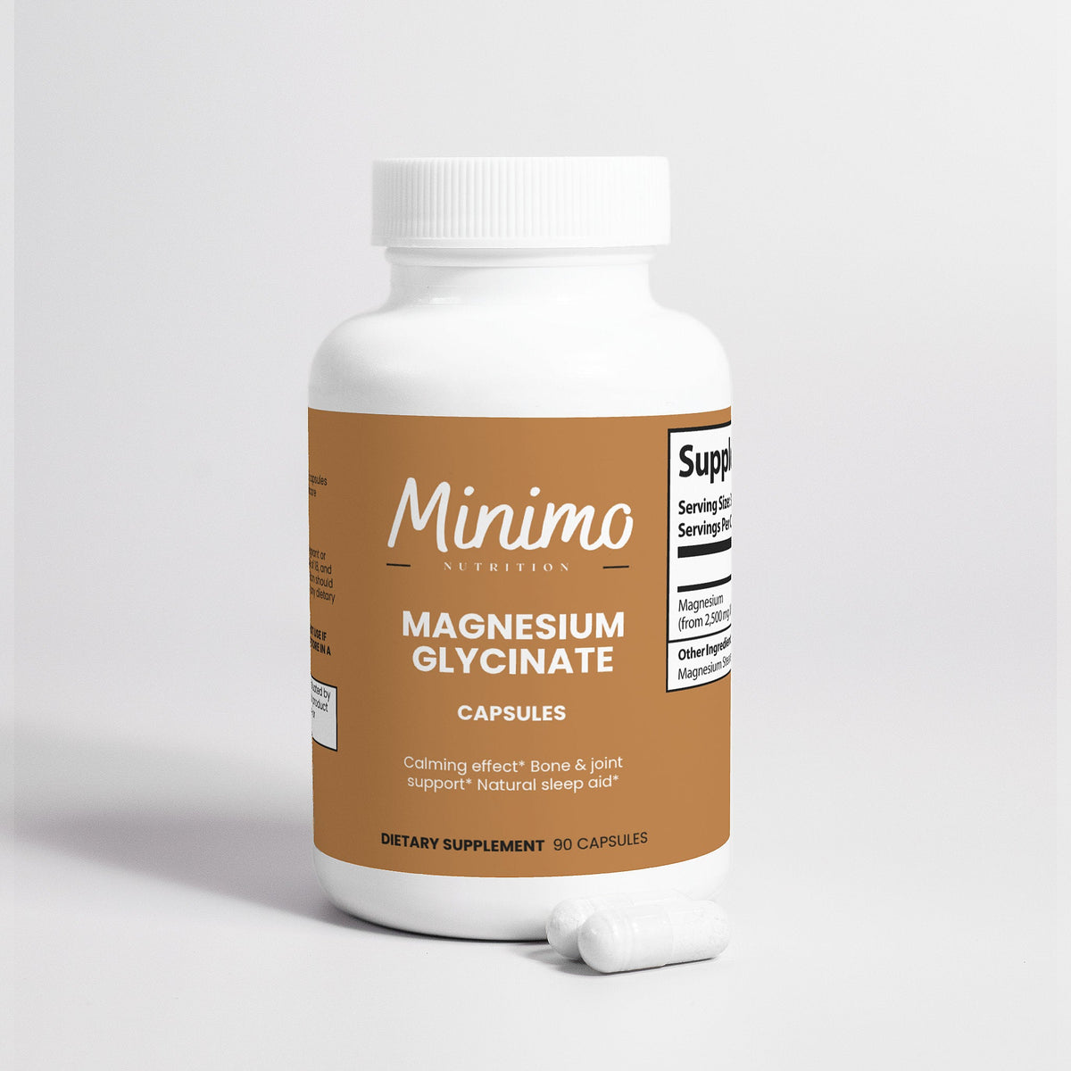 Minimo Nutrition Magnesium Glycinate 90 count bottle, label view three