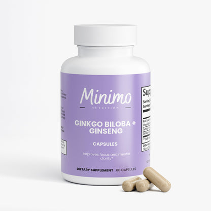 Minimo Nutrition Ginkgo Biloba + Ginseng, 60 ct, label image, product photo