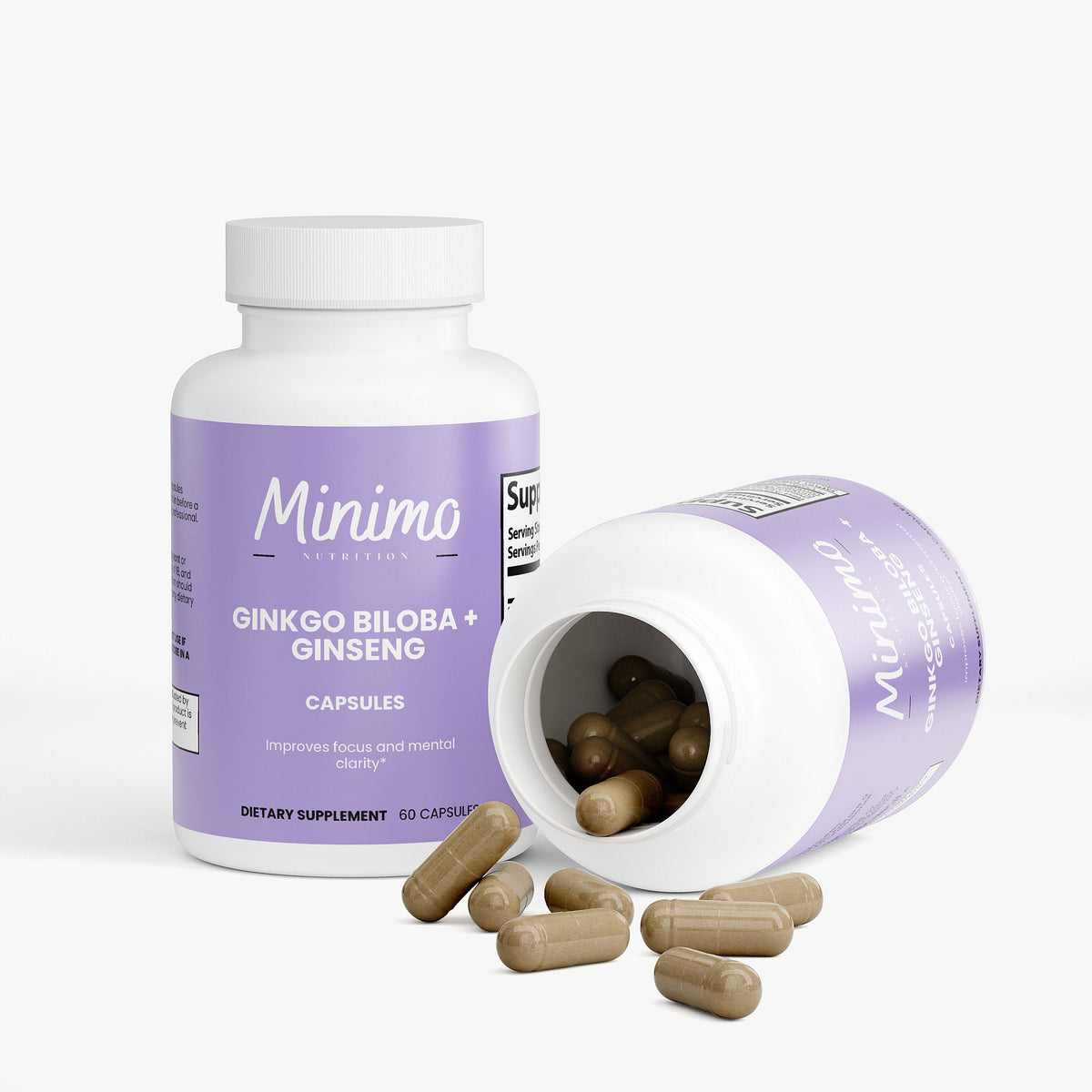 Minimo Nutrition Ginkgo Biloba + Ginseng, 60 ct, label image, additional detail