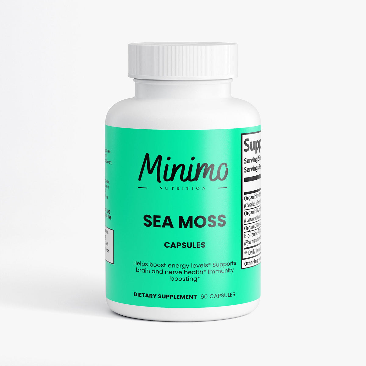 Minimo Nutrition Sea Moss with Bladderwrack and Burdock Root 60 count bottle, front label view