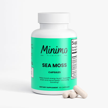 Minimo Nutrition Sea Moss with Bladderwrack and Burdock Root 60 count bottle, label view two