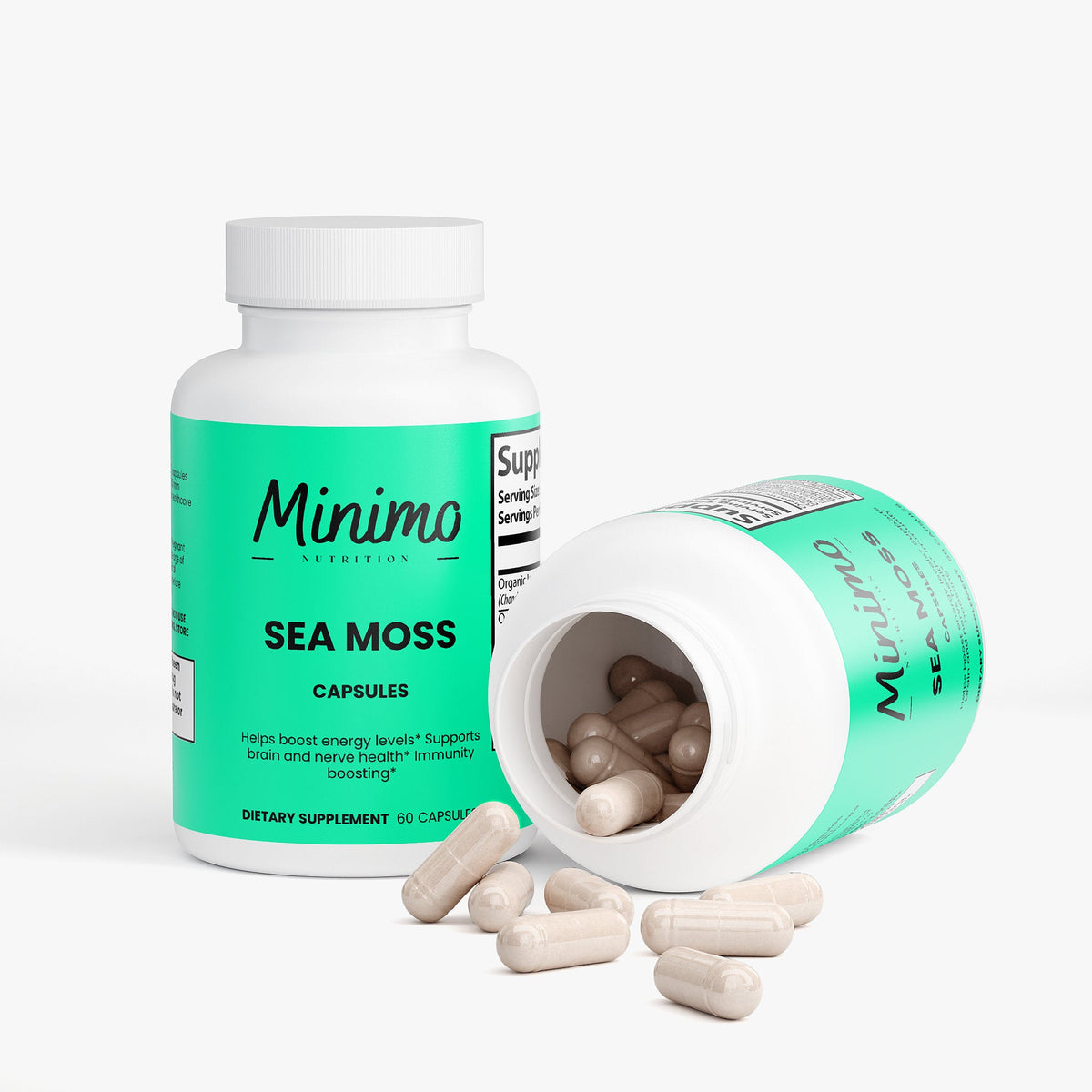 Minimo Nutrition Sea Moss with Bladderwrack and Burdock Root 60 count bottle, label view three