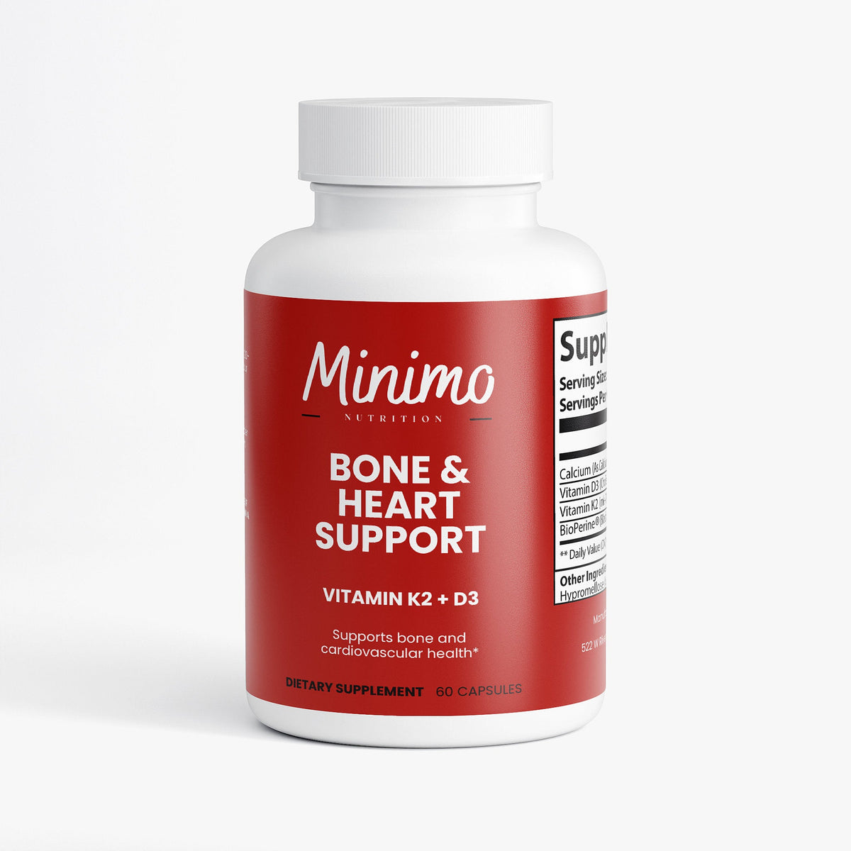 Minimo Nutrition Bone & Heart Support 60 count bottle, front label view