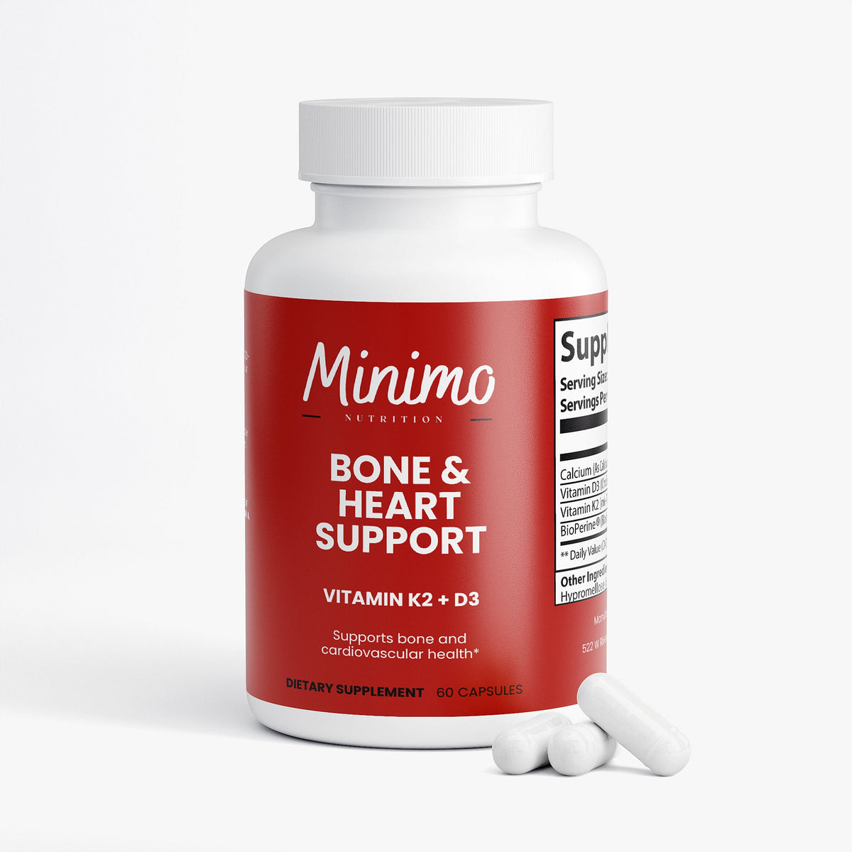 Minimo Nutrition Bone & Heart Support 60 count bottle, label view two