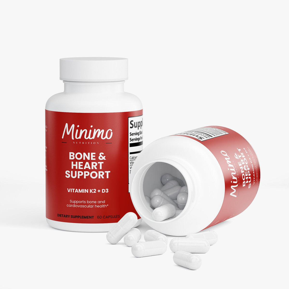 Minimo Nutrition Bone & Heart Support 60 count bottle, label view three