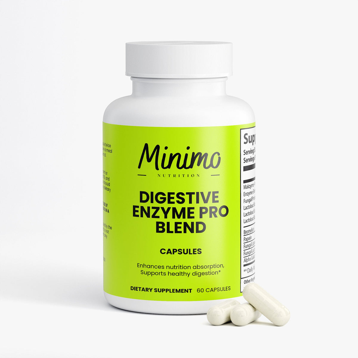 Minimo Nutrition Digestive Enzyme Pro Blend, 60 ct, label image, product photo