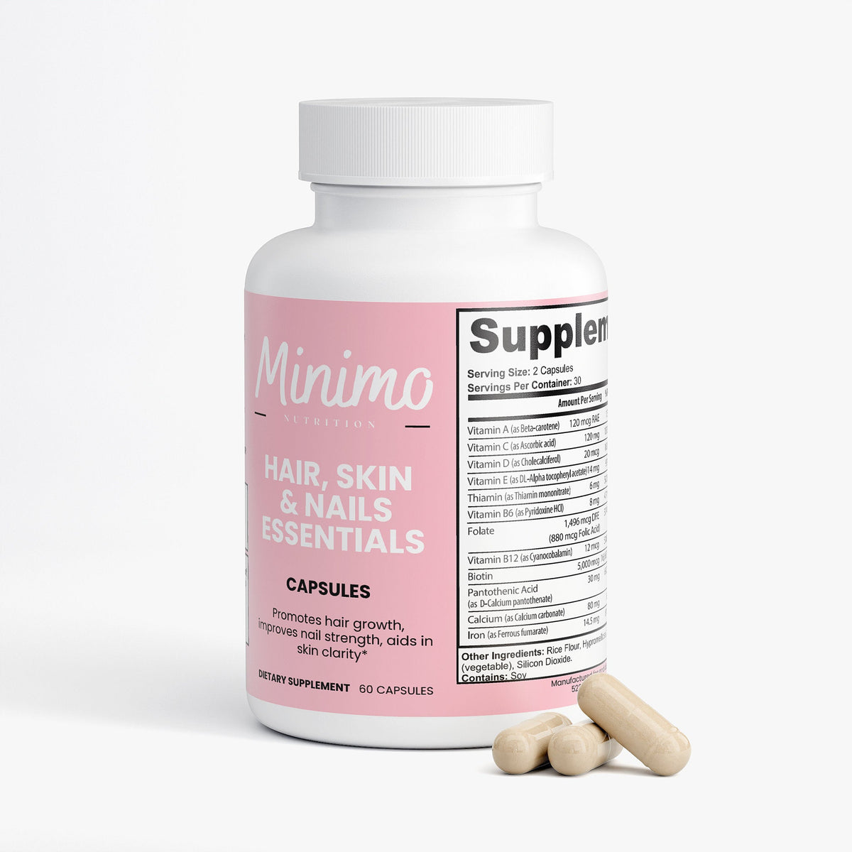 Minimo Nutrition Hair, Skin and Nails Essentials 60 count bottle, label view two
