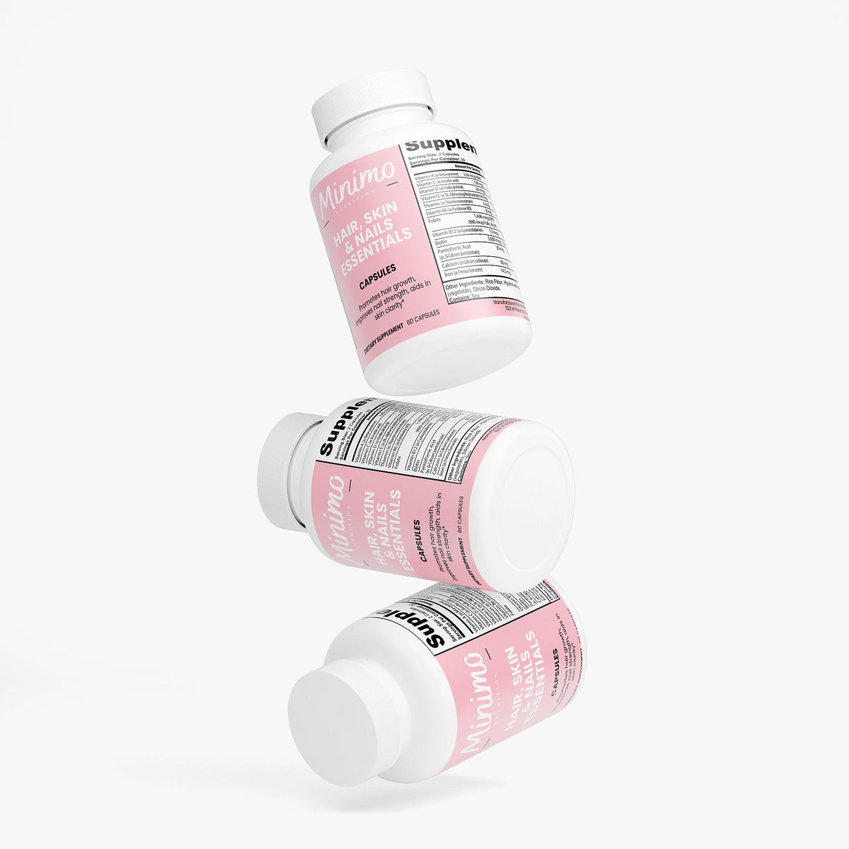 Minimo Nutrition Hair, Skin and Nails Essentials 60 count bottle, label view four