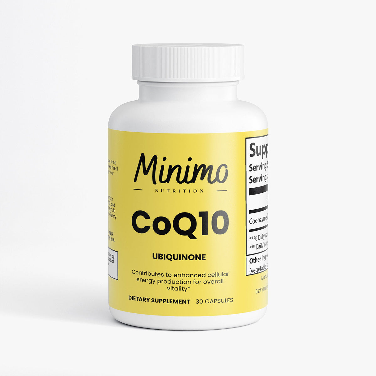 Minimo Nutrition CoQ10 Ubiquinone 30 count bottle, front label view