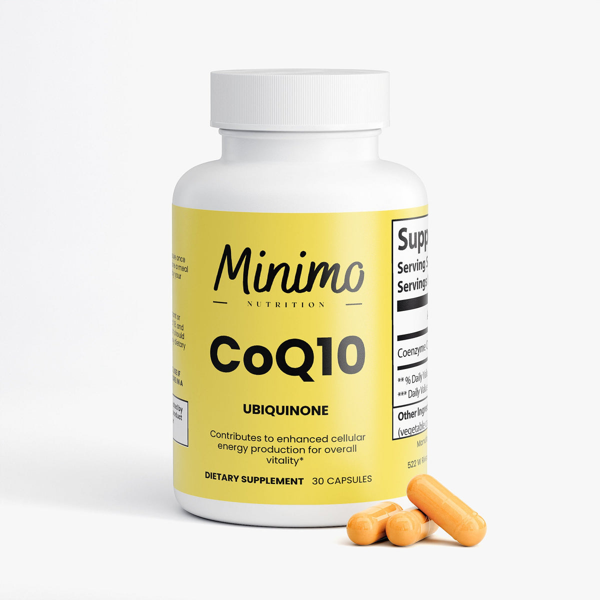 Minimo Nutrition CoQ10 Ubiquinone 30 count bottle, label view two