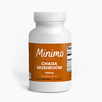 Minimo Nutrition Organic Chaga Mushroom 60 count bottle, front label view