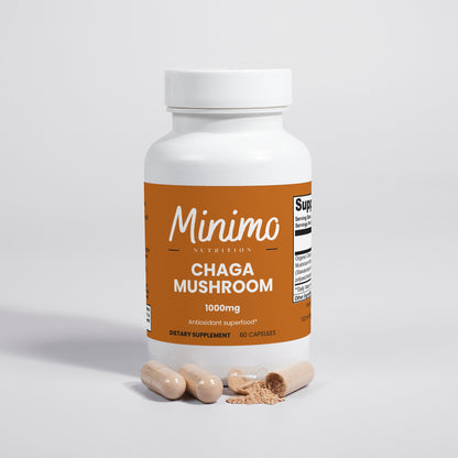 Minimo Nutrition Organic Chaga Mushroom 60 count bottle, label view two