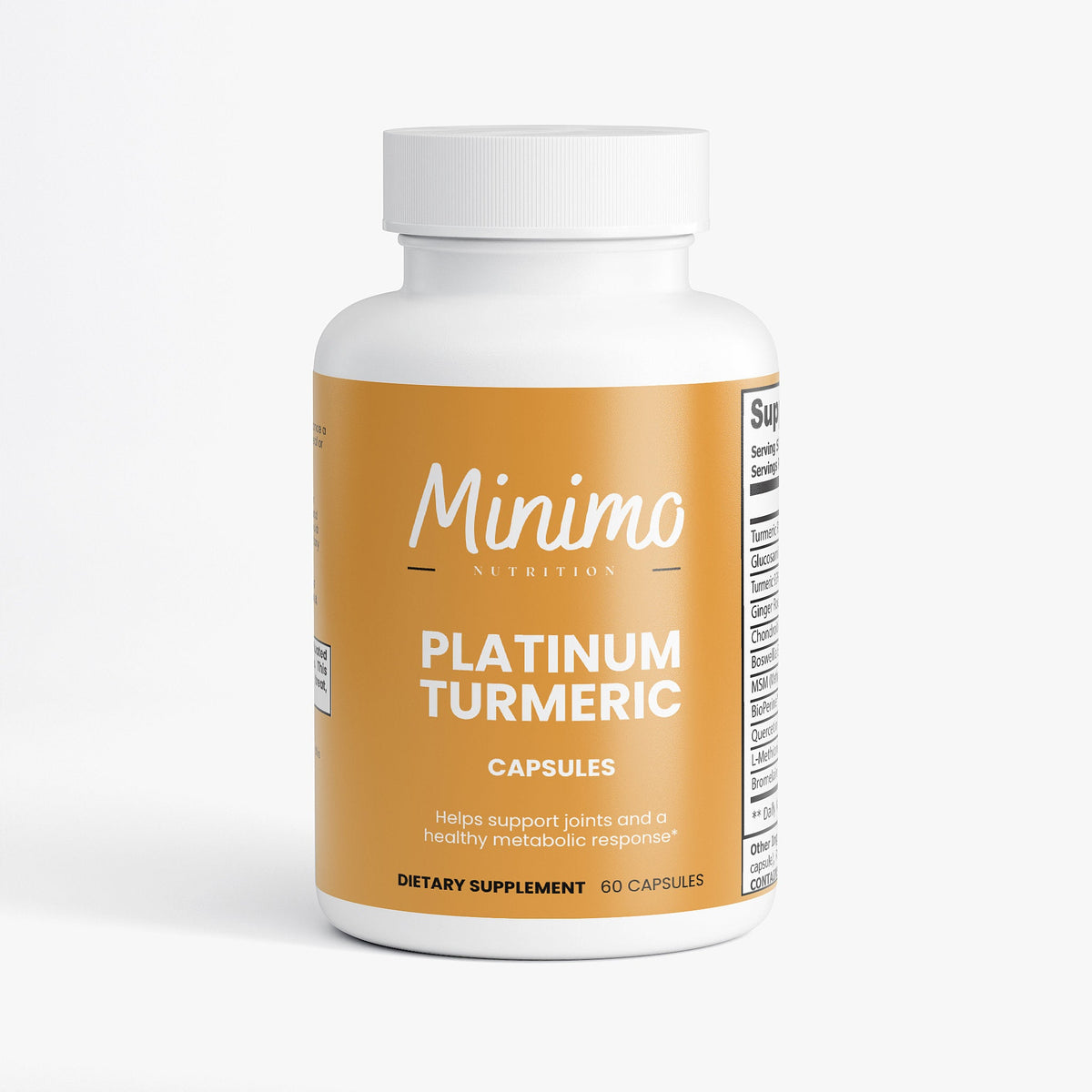 Minimo Nutrition Platinum Turmeric 60 count bottle, front label view